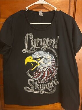 Lynyrd Skynyrd Anvil Black Ladies Tee with Yellow, White & Red Eagle Graphic